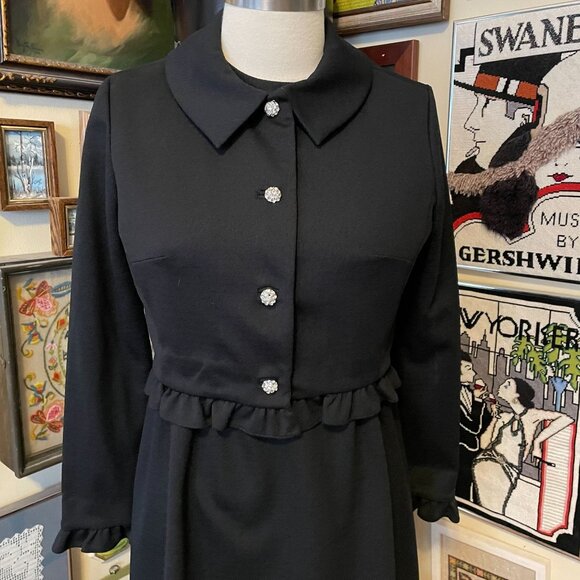 70s Vintage Bleeker St Black Shift Dress with Cropped Rhinestone Button Jacket - Picture 4 of 9
